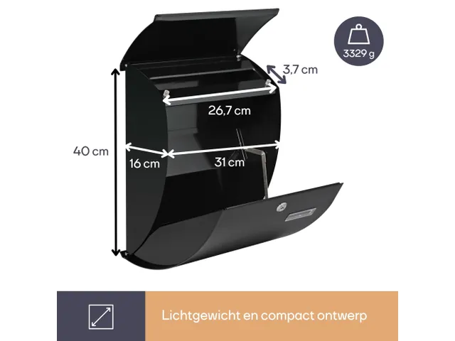 Brievenbus Nice Zwart Gebogen front, naamplaatje 2 sleutels 40x31x16cm