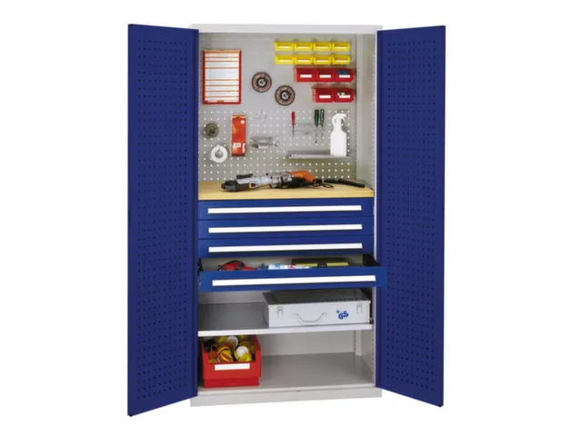 Materiaalkast Geperf. Deuren 1950x1000x600mm 4laden 1legbord Ral5010