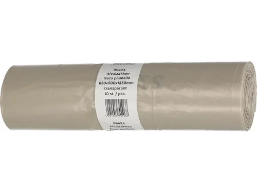 Vuilniszak 42 micron 65+50x135cm 240L Transparant LDPE rol van 10 stuk