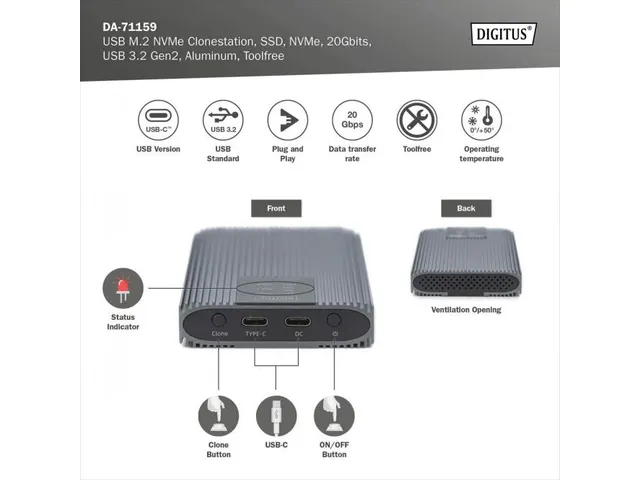 NVMe-kloonstation NVMe 20Gbits USB 3.2 Gen2 aluminium gereedschapsvrij