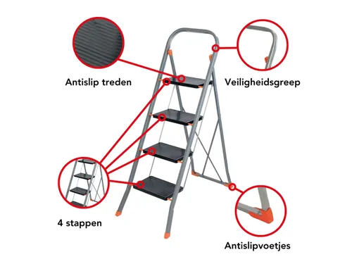 Huishoudtrap met hoge beugel 4 treden antislip inklapbaar tot 150 kg