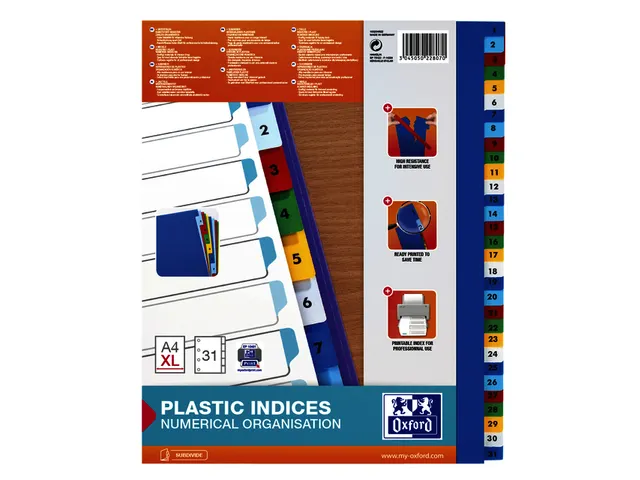 Intercalaires Oxford A4+ 11 trous 1-31 PP couleur