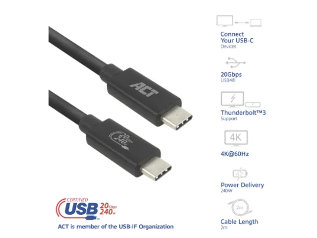 Kabel ACT USB-C 4.0 20Gbps Thunderbolt 3 2m
