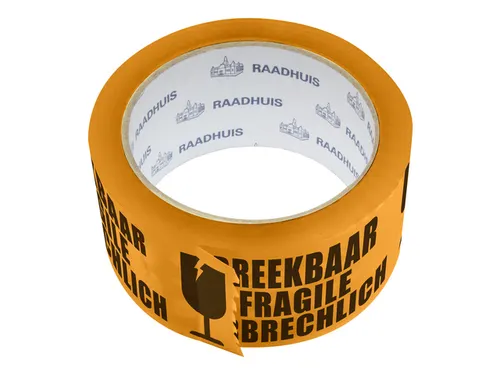 Verpakkingstape Raadhuis 48mmx66m oranje breekbaar