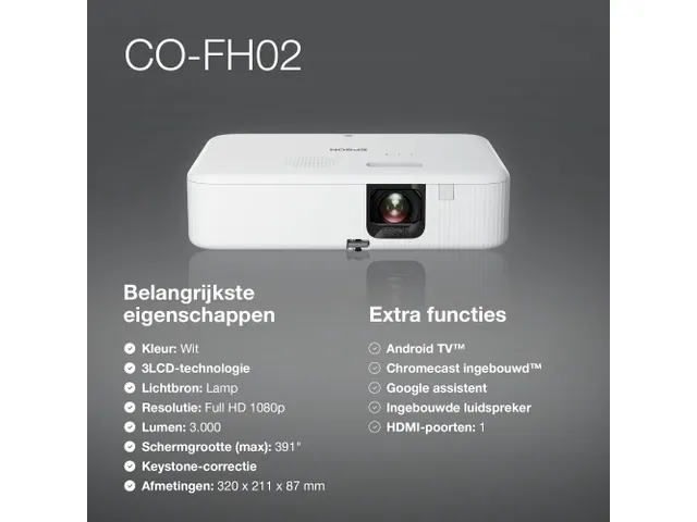 CO-FH02 Smart Full HD-projector, 3000 lumen, scherm van maximaal 391 i