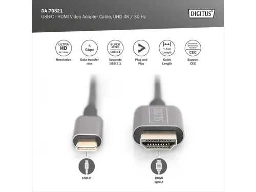 USB-C HDMI-adapter 1,8m 4K/30Hz zwart metalen behuizing