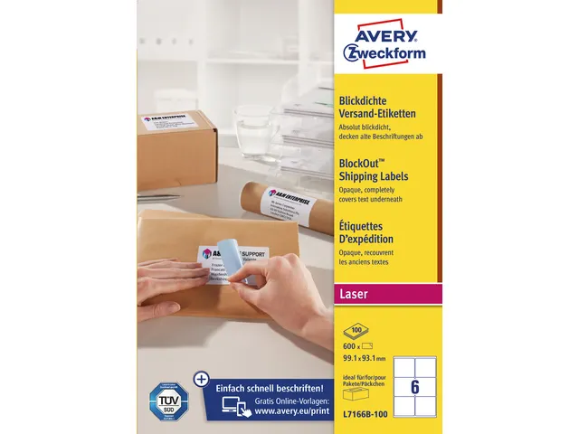 Verzendetiket Avery Block-out, 99,1 x 93,1mm wit doos 100 vel, 6 etike