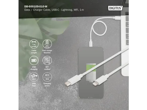 Gegevens-/oplaadkabel Lightning USB-C M/M 1m PVC MFI Wit 20V/3A 60W
