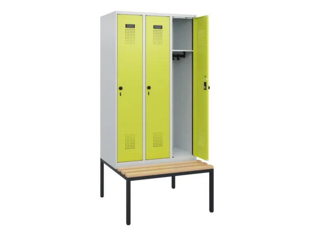 locker met bank,HxBxD 1950x900x815mm,3vak,vak B 300mm,draaigrendel