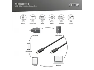 USB Type-C-aansluitkabel Type-C-CM/M 3m 5V/3A 15W 480MB 2.0 Zwart - 6