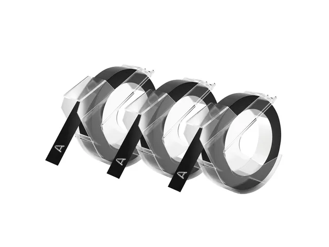 Reliëftape Dymo embossing plastic 9mm zwart op wit 3 stuks