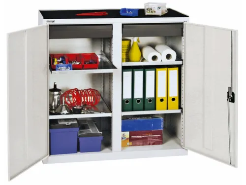 Materiaalkast 1000x1000x500mm 4legborden Uitschuifbaar 2laden Ral7035