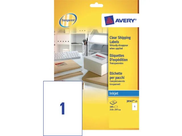 Adresetiket Avery J8567-25 210x297mm A4 Transparant Inkjet 25 stuks