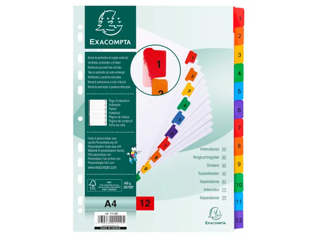 Tabbladen A4 1-12 Karton Versterkte Kleurtabs 11-Gaats Assorti