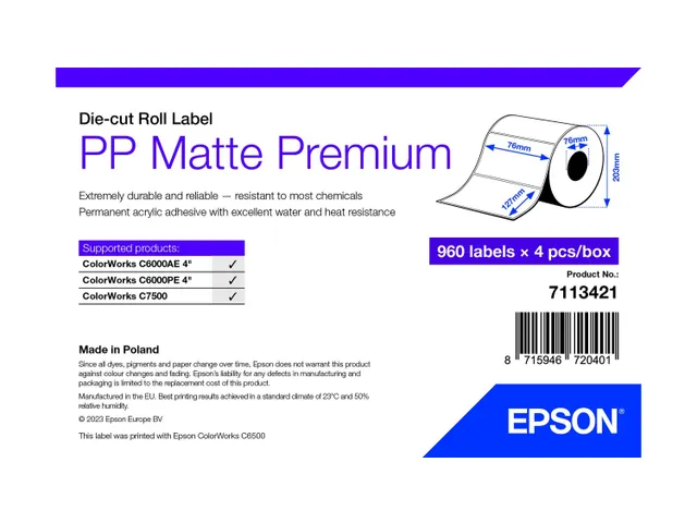Epson 7113421, Wit, Zelfklevend printerlabel, Gestanste etiket, Rol, I