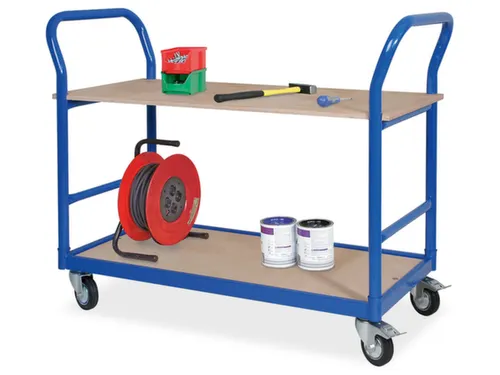 tafelwagen,draagverm. 250kg,2xhouten plaat,RAL5010,rubber-banden