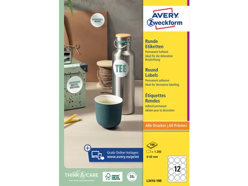 Etiket Avery Zweckform L3416-100 rond 60mm wit