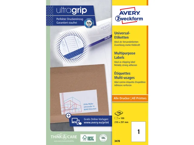 Etiket Avery Zweckform 3478 210x297mm A4 wit 100stuks