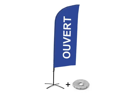 Promotievlag Alu Wind complete set "OUVERT" Blauw kruisvoet Zwart