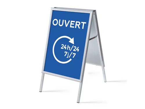 Stoepbord A1 complete set met print 'Ouvert 24h/24 7j/7' Blauw