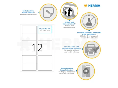 HERMA 10010 Verwijderbare etiketten A4 88,9x46,6mm Wit 300 stuks
