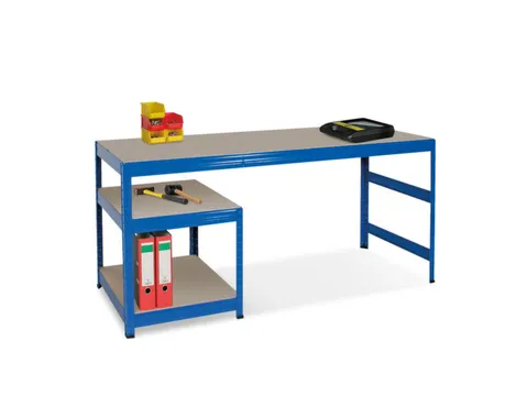 montagetafel,HxBxD 750x1800x600mm,blad hout,4voeten RAL5010,2legborden