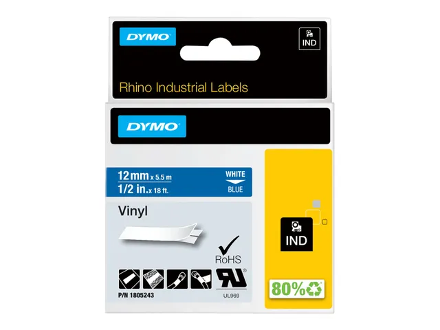 Labeltape Dymo Rhino 1805243 12mmx5.5m Vinyl Wit Op Blauw