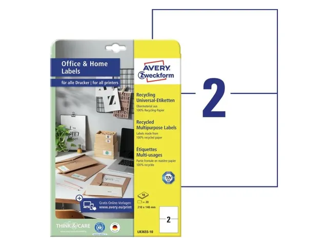 Etiket Avery Zweckform LR3655-10 210x148mm recycled Wit 20 stuks