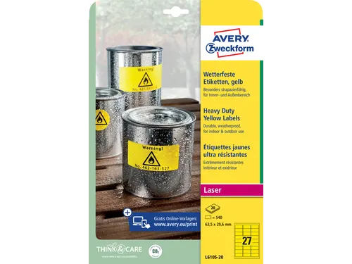Avery Zweckform Ultra sterk etiket L6105-20 63.5x29.6mm Geel 540 stuks
