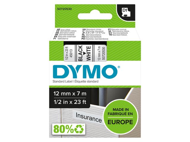 Labeltape Dymo 45013 D1 720530 12mmx7m zwart op wit | DymoEtiket.nl