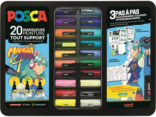 Paintmarker Uni POSCA Manga Hero assorti koffer 20 stuks