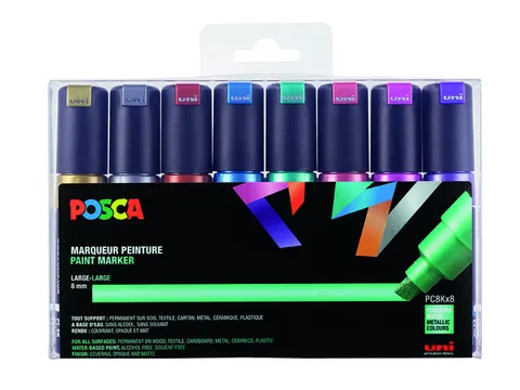 Verfstift Posca PC8K Brede punt 8mm schuin 8st metallic assorti