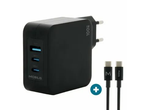 Mobilis Charger 100W 2USB C 1USBA GaN cable 100W Zwart