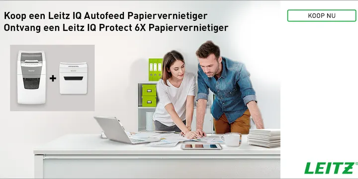 Gratis Leitz IQ Protect 6X papiervernietiger bij aankoop Autofeed 300 of 600 papiervernietiger!