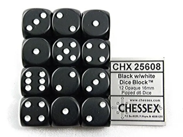 Dobbelsteen Chessex Black/white D6 16mm set à 12 stuks