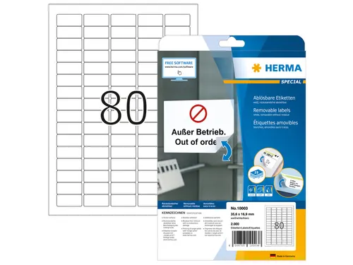 HERMA 10003 Verwijderbare etiketten A4 35,6x16,9mm Wit 2000 stuks