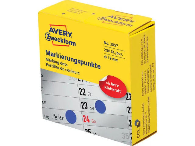 Avery marking dots, diameter 19mm, rol met 250 stuks, blauw