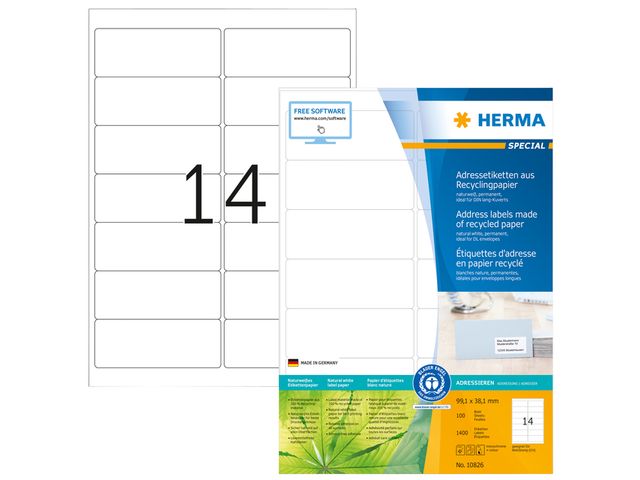 Etiket HERMA recycling 10826 99.1x38.1mm 1400stuks wit | EtiketWinkel.be