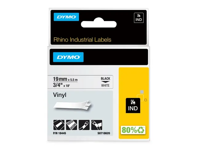 Ruban Dymo Rhino 18445 vinyl 19mmx5,5m noir sur blanc