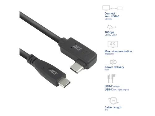 Kabel ACT USB-C standaard naar USB-C hoek 10Gbps 2m