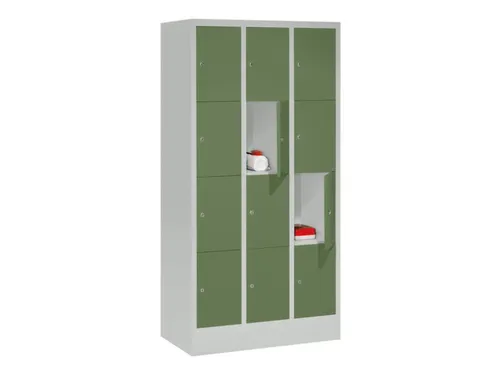 lockerkast,HxBxD 1518x900x500mm,3x4vakken,RAL7035,front RAL6011