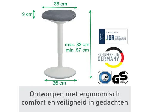 Ergo actieve zit/sta kruk met comfortzitting en gasveer 57-82cm grijs