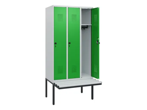 locker met bank,HxBxD 1950x900x815mm,3vak,vak B 300mm,draaigrendel