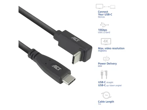 Kabel ACT USB-C standaard naar USB-C hoek boven/beneden 10Gbps 1m