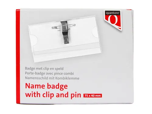 Badge Quantore met clip en speld 40x75mm
