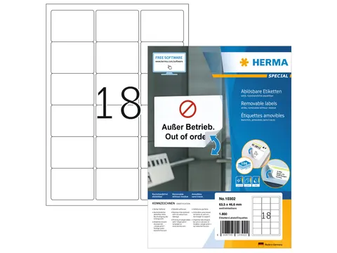 HERMA 10302 Verwijderbare etiketten A4 63,5x46,6mm Wit 1800 stuks