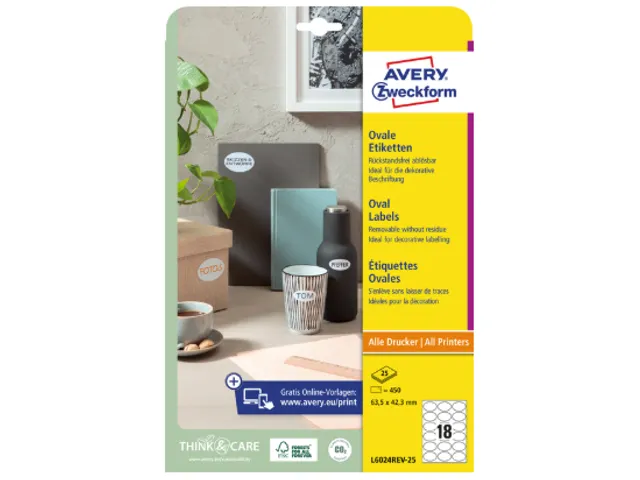 Etiket Avery L6024REV-25 ovaal 63.5x42.3mm wit 450 stuks 25 vel