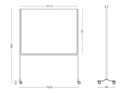 Verrijdbaar Whiteboard Workboard 120x150cm Gelakt Staal zwart profiel