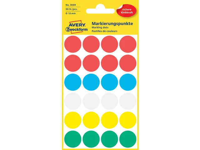 Etiket Avery Zweckform 3089 Rond Ø18mm Assorti 96 Stuks