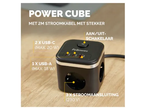 Stekkerblok Fellowes Power Cube F 3-voudig 1xUSB-A 2xUSB-C 2m zwart
